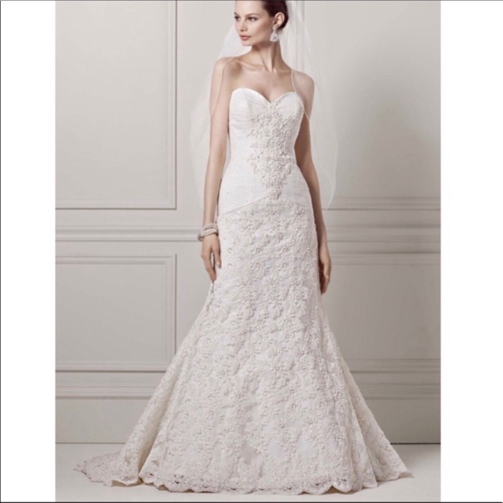 Oleg Cassini strapless sweetheart beaded lace trumpet ivory dress 10P